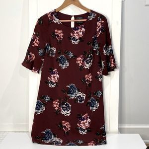 One Market Floral Maroon Bell-sleeve Dress XS